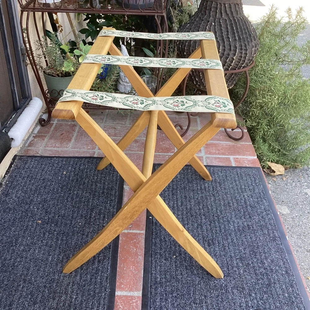 Vintage Wood Folding Luggage Rack Floral Tapestry Straps Natural Finish Stand